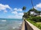 Makalei Beach with waves lapping, napakaa, lava rock wall and Coconut trees along the shore