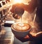 make latte art golden cappuccino at bar expert barista splashing cream fantasy illustration render