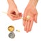 Make money. Concept. Hands, coins, gold paint