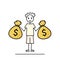 make money, rich male character holding two money bags, teen boy with money sacks sketch, black line doodle vector