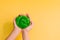 Make a slime green round slimy toy in the hands of children on a yellow background. Copy space, Selective focus