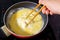 Make Tornado Omelette in a frying pan close-up. Selective focus, food preparation