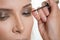 Make up artist applying eyeliner on female client`s eyelids