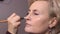 Make-up artist with a brush applies foundation on the model`s face in a beauty salon