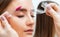 The make-up artist does Long-lasting styling of the eyebrows of the eyebrows and will color the eyebrows. Eyebrow lamination.