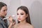 Make-up artist doing visage for beautiful teenage girl, using foundation for face and blush for cheeks. Make up, cosmetics, beauty