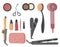 Make-up artist kit. Hair styling accessories set. Cosmetic products eye shadow, lipstick, powder