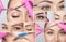 Make-up artist plucks eyebrows with tweezers to a woman before staining with henna.Makeup concept, eyebrow shape modeling and