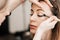 Make-up artist puts a brush shadow on the eyes of a woman in a beauty salon