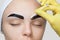 The make-up artist wipes the henna paint off the girl`s eyebrows. The procedure of dying eyebrows with paint in the beauty salon.