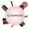 Make up beauty background. Poster template with illustation vector face cosmetic products and tools, pink circle field