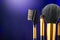 Make-up Brushes set over black holiday blinking background. Various Professional makeup brush on dark backdrop in studio
