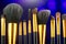 Make-up Brushes set over black holiday blinking background. Various Professional makeup brush on dark backdrop in studio