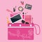 Make up cosmetics tools collection inside girls bag purse pouch pink color