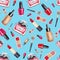 Make Up seamless pattern. Fashion. Glamor accessories. Watercolor pattern with  lipstick, perfume and nail polish on a blue