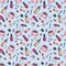 Make Up seamless pattern. Fashion. Glamor accessories. Watercolor pattern with  lipstick, perfume and nail polish on a blue