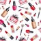 Make Up  seamless pattern. Fashion. Glamor accessories. Watercolor pattern with  lipstick, perfume and nail polish on a white