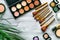 Make up set with decorative cosmetics on woman table background top view
