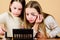 Makeup art. Explore moms cosmetics bag concept. Salon and beauty treatment. Children little girls make up face. Makeup