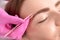 Makeup artist plucks eyebrows in a beauty salon. Professional makeup and cosmetology skin care