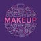 Makeup beauty care circle poster concept line icons. Cosmetics illustrations of lipstick, mascara, powder, eyeshadows