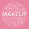 Makeup beauty care pink circle poster concept line icons. Cosmetics illustrations of lipstick, mascara, powder