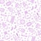 Makeup beauty care purple seamless pattern with flat line icons. Cosmetics illustrations of lipstick, mascara, perfume