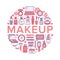 Makeup beauty care red circle poster concept line icons. Cosmetics illustrations of lipstick, mascara, powder