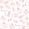Makeup beauty care red seamless pattern with flat line icons. Cosmetics illustrations of lipstick, mascara, perfume