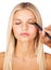 Makeup brush, eyeshadow woman in studio with hands for beauty, wellness or glamour makeover on white background. Powder