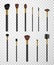 Makeup brushes, comb for eyebrows, spoolie with black plastic rods realistic set. Cosmetic tools.