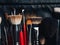 Makeup brushes in professional leather case closeup