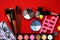 Makeup collection.Eye shadow, brushes on red background