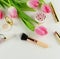 Makeup cosmetic accessories products and flowers