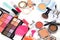 Makeup, Cosmetics beauty elements,  Make up cosmetics, brushes and other essentials on white background, beauty flat lay concept,