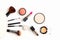 Makeup cosmetics tools background and beauty cosmetics, products and facial cosmetics package lipstick, eyeshadow
