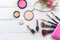 Makeup cosmetics tools background and beauty cosmetics, products and facial cosmetics package lipstick, eyeshadow with rose and pe