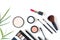 Makeup cosmetics tools background and beauty cosmetics, products and facial cosmetics package lipstick, eyeshadow on the white bac