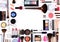 Makeup cosmetics tools and essentials background, copy space