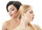 Makeup. Double female portrait. Caucasian blond girl and beautiful mulatto young woman posing in studio over white background.