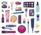 Makeup elements isolated doodle icons. Cosmetics products, female beauty collection. Lipstick, brushes and shadows