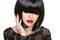 Makeup. Fashion bob Haircut. Hairstyle. Long Fringe. Short Hair