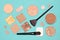 Makeup flatlay. Make-up foundation, concealer, powders with brushes and cosmetic sponges