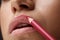 Makeup Lips. Beautiful Woman Lips With Lip Pen, Liner, Pencil