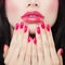 Makeup Lips with Pink Lipstick, Lipgloss and Manicure