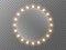 Makeup mirror with lights. Round mirror with gold bulbs. Frame with bright lamps. Realistic illuminated glass for banner