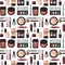 Makeup perfume mascara care brushes seamless pattern background comb faced eyeshadow glamour female accessory vector.