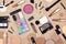 Makeup products and accessories on kraft paper. Make-up table. Top view, flatlay