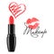 Makeup red lipstick and doodle heart isolated vector illustration