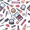 Makeup seamless pattern. Illustrations of different cosmetics